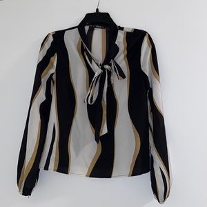Pattern V Neck Work Blouse with Tie